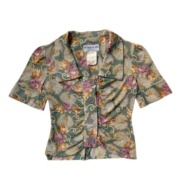 70s vintage pilgrim collar blouse shirt sleeve buttonup ruched floral art print. - Picture 4 of 10